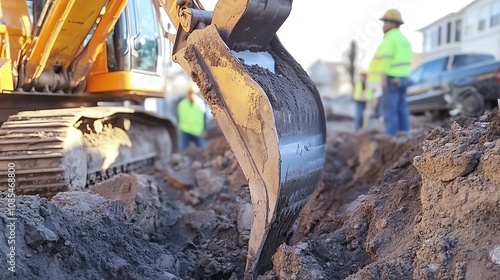 Excavator bucket digging into ground soil. photo