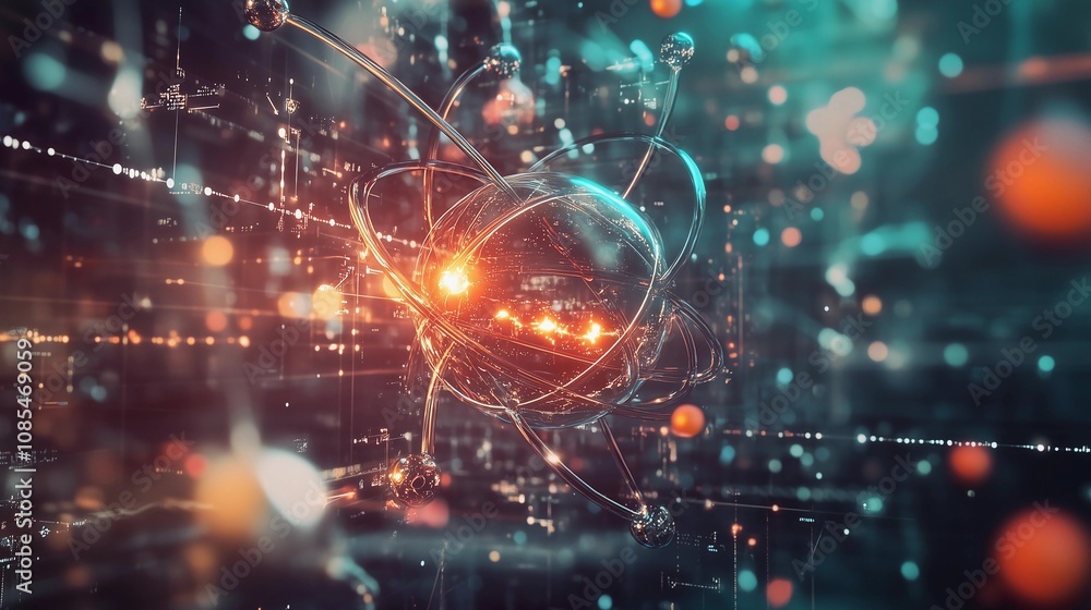 A futuristic abstract representation of an atom, with glowing protons and subatomic particles surrounding it, set against the backdrop of high-tech digital data streams and circuitry A futuristic abstract representation of an atom, with glowing protons and subatomic particles surrounding it, set against the backdrop of high-tech digital data streams and circuitry