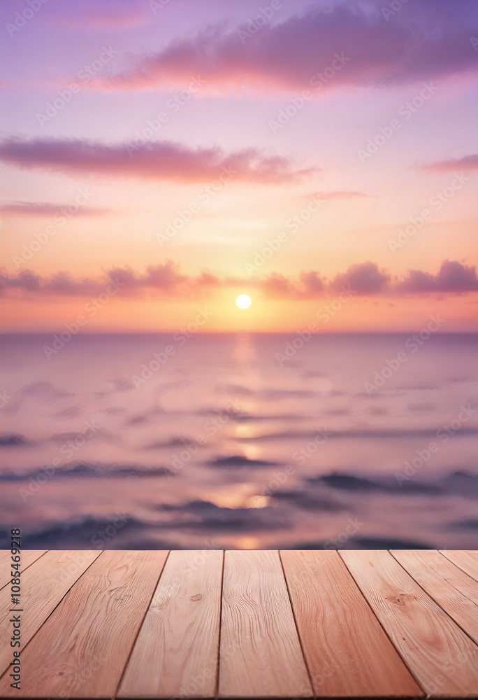 wooden empty board with beautiful calm pastel colours sunset over the ocean wooden empty board with beautiful calm pastel colours sunset over the ocean