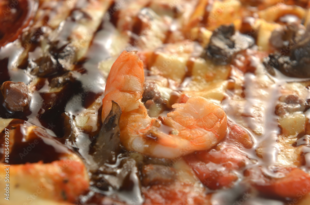 background of pizza with shrimp closeup background of pizza with shrimp closeup