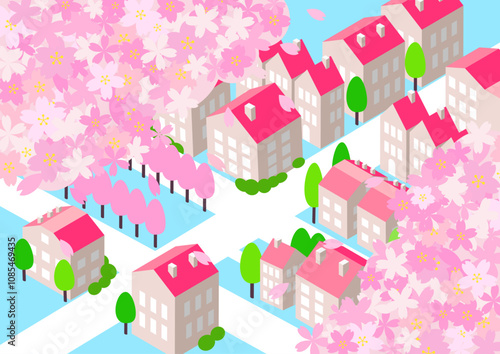 アイソメトリック　桜のある街並み