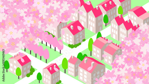 アイソメトリック　桜のある街並み