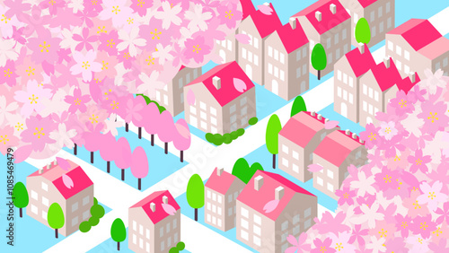 アイソメトリック　桜のある街並み