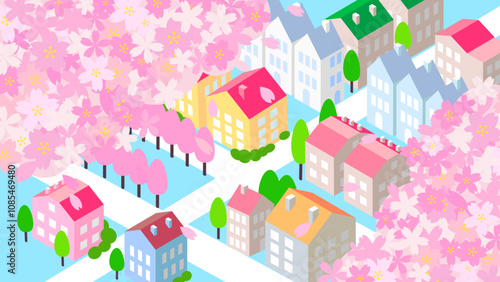 アイソメトリック　桜のある街並み