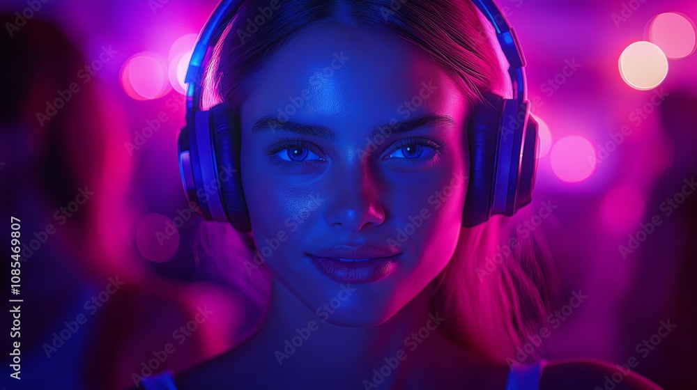 Intense portrait of a woman in neon lighting, wearing headphones with a futuristic and sleek vibe Intense portrait of a woman in neon lighting, wearing headphones with a futuristic and sleek vibe