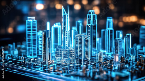 AR device displays holographic images of high-rise buildings in cities, showcasing technological style illustrations #1085470092