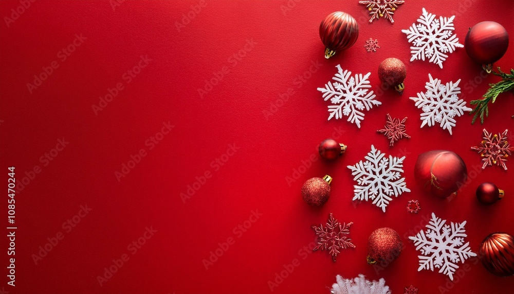 Christmas and new year background concept. Top view of Christmas decoration made from snowflake, christmas ball on red background. Christmas and new year background concept. Top view of Christmas decoration made from snowflake, christmas ball on red background.