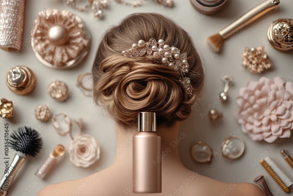 Elegant hairstyle surrounded by beauty products. Elegant hairstyle surrounded by beauty products.