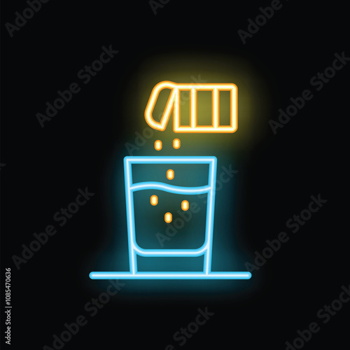 Glowing neon line effervescent tablets in water icon isolated on black background. Vitamins
