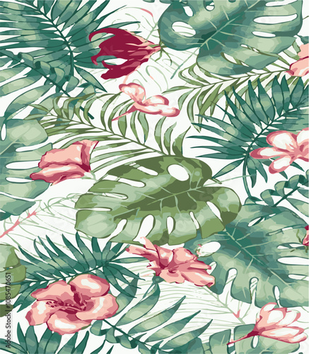 Big flowers pattern, upscale floral pattern. graphical textures floral, trendy colors pattern , flowers background with leaves. vector illustration.