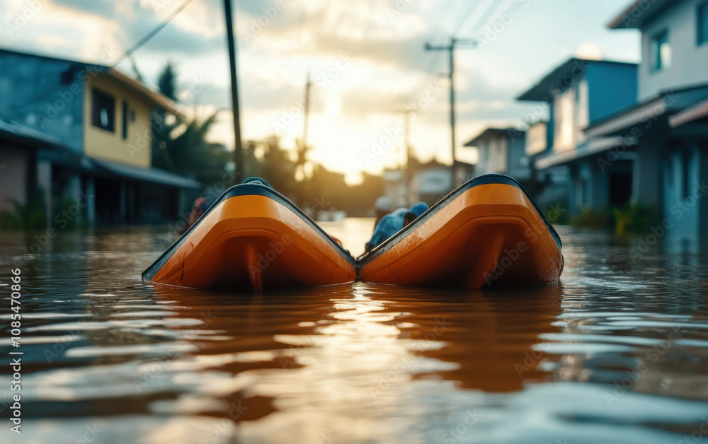 Obraz premium flooded street with rescue boats assisting stranded residents at sunset, showcasing urgency and community spirit during natural disaster. Disaster Relief Efforts concept