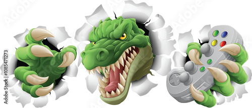 A crocodile, dinosaur or alligator lizard gamer sports video game gaming mascot holding a games controller