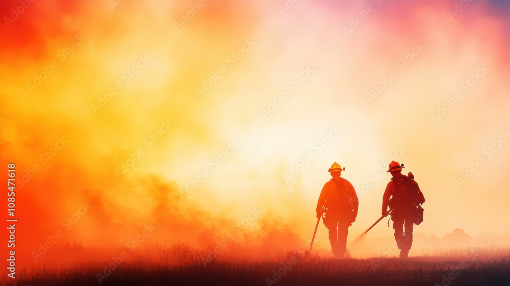 Firefighters battling wildfire in rural area, showcasing bravery and determination amidst smoke and flames. Their silhouettes stand out against vibrant backdrop. Disaster Relief Efforts concept Firefighters battling wildfire in rural area, showcasing bravery and determination amidst smoke and flames. Their silhouettes stand out against vibrant backdrop. Disaster Relief Efforts concept