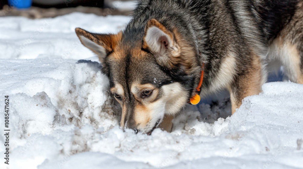 Husky Dog Playing in Snow Bank with Studio Lighting Husky Dog Playing in Snow Bank with Studio Lighting