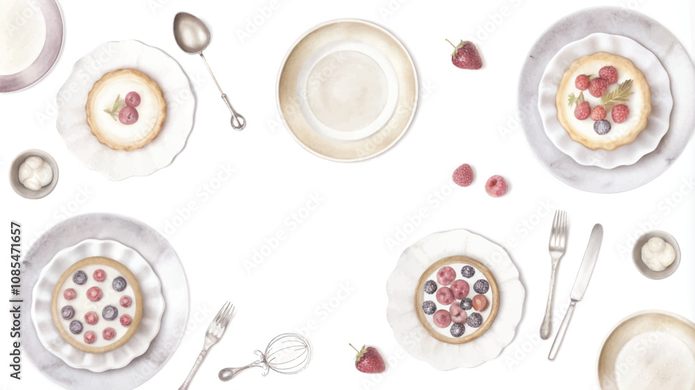 Top view of a set of various breakfast dishes on a white background. Top view of a set of various breakfast dishes on a white background.