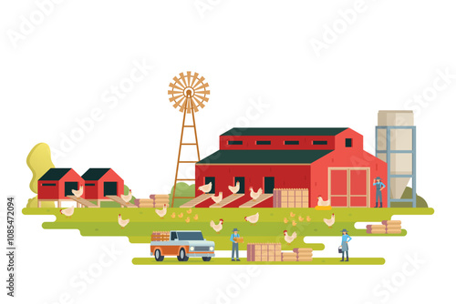 Farm scenery vector illustration on white background. Livestock animal farm landscape with farming elements