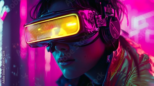 Woman Wearing VR Headset in Futuristic Neon Lit Scene