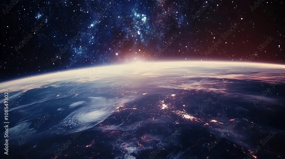 A breathtaking view of Earth from space, illuminated by the stars and showing its vast landscape. The planet is visible with city lights glowing on its surface, creating an enchanting atmosphere A breathtaking view of Earth from space, illuminated by the stars and showing its vast landscape. The planet is visible with city lights glowing on its surface, creating an enchanting atmosphere