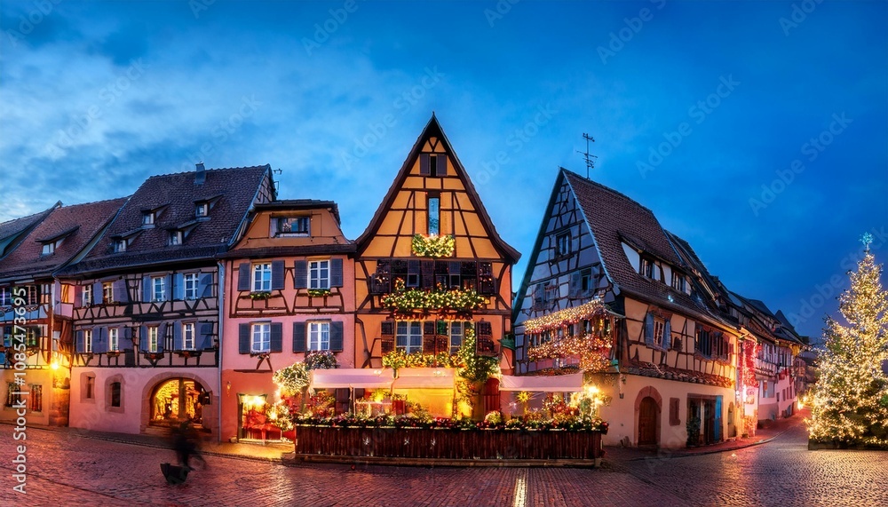 Naklejka premium Traditional Alsatian half-timbered houses in old town of Colmar, decorated and illuminated at christmas time, Alsace, France