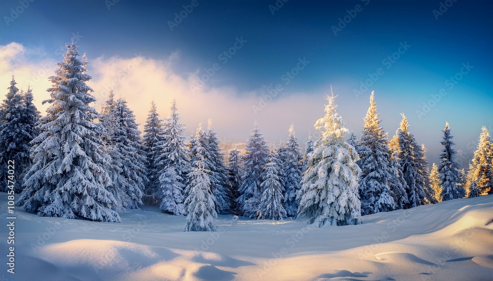 Obraz premium Winter Background with a Beautiful Snow Covered Trees. Enchanting Christmas Scene.
