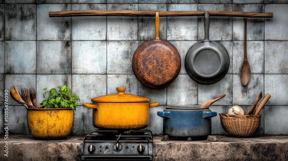 A rustic kitchen scene featuring colorful pots, pans, and utensils displayed on a wooden shelf against a textured wall. A rustic kitchen scene featuring colorful pots, pans, and utensils displayed on a wooden shelf against a textured wall.