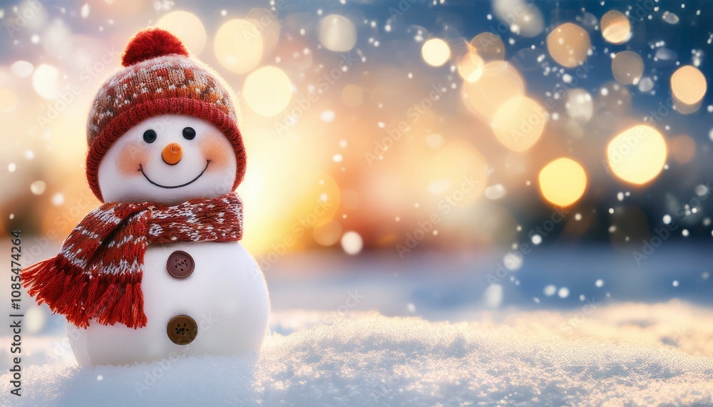 Winter holiday christmas background banner with cute funny laughing snowman with wool hat and scarf, on snowy snow snowscape and bokeh light Winter holiday christmas background banner with cute funny laughing snowman with wool hat and scarf, on snowy snow snowscape and bokeh light