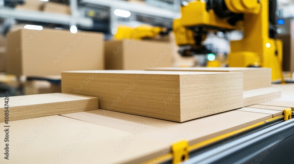 A close-up of wooden blocks on a conveyor in a manufacturing setting with robotic arms. A close-up of wooden blocks on a conveyor in a manufacturing setting with robotic arms.