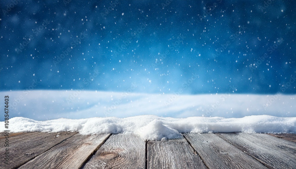 Winter Table - Snowy Plank With Snowfall In The Cold Sky Winter Table - Snowy Plank With Snowfall In The Cold Sky