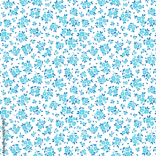 Seamless floral pattern. Cute bouquet of small light blue flowers and dark blue leaves. Abstract flowers on white background in trendy fashion vintage style. Stock vector for prints on surface.