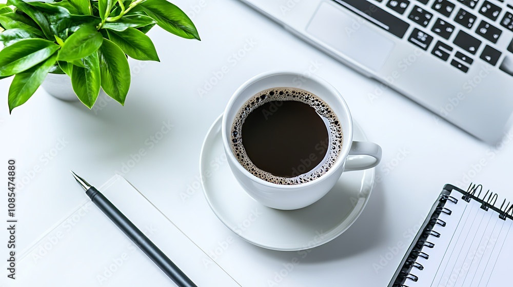 A cup of coffee on a white desk with a laptop, notepad, and a plant. A cup of coffee on a white desk with a laptop, notepad, and a plant.
