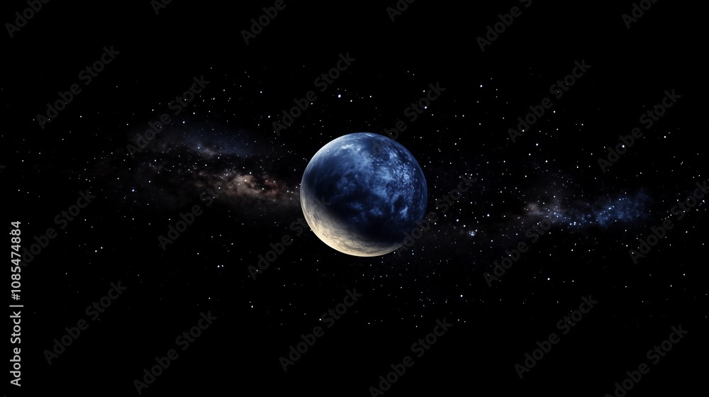 Obraz premium A blue planet in the vastness of space, against a black background, surrounded by a galaxy of stars