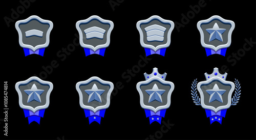 Silvered progress rank badges set. Silver level achievements. Realistic metallic style. Star, patent, crown, blue ribbon, laurel. Perfect for fantasy and adventure games.