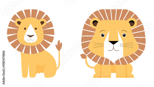 Minimalist Flat Vector Lion Illustration on White Background, Simple Stylized Design, Cartoonish, Bold Colors photo