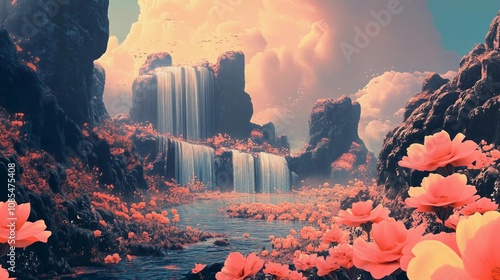 The alien planet of Zed-ex, a majestic waterfall cascades down the side of towering black rock formations, surrounded by an expansive sea of soft pink and orange flowers photo