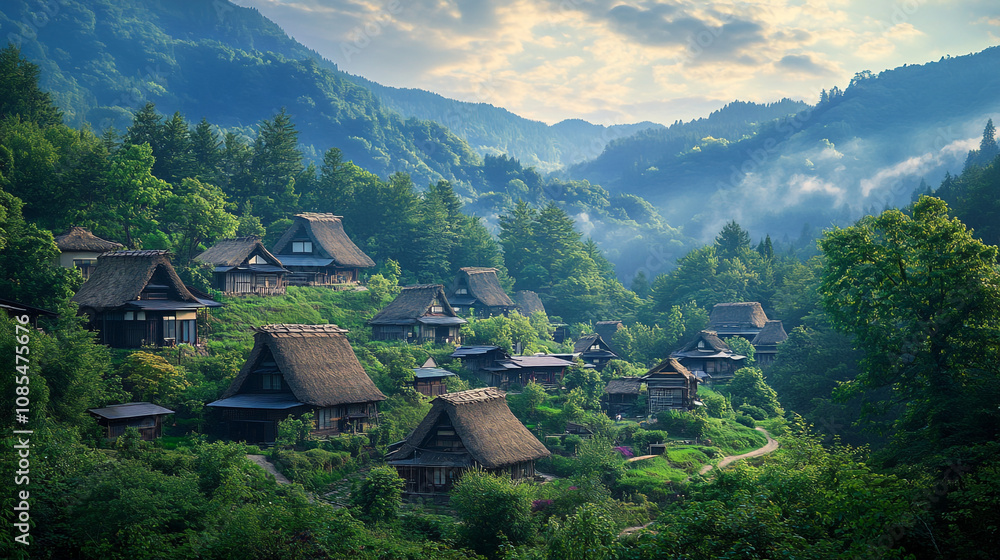 Traditional village nestled in the mountains during early morning light with lush greenery Traditional village nestled in the mountains during early morning light with lush greenery
