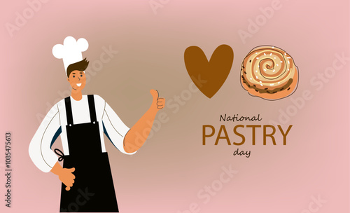 National pastry day. Hand drawn cartoon flat vector illustration. Banner, poster, greeting card, menu, recipe. Tea party, afternoon snak, breakfast, cafe themed concept background.