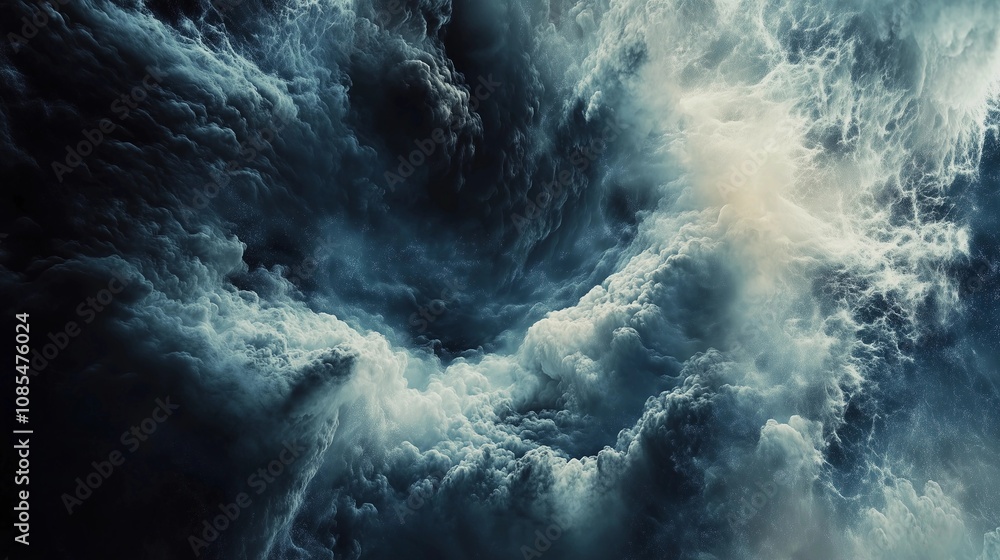 Fototapeta premium Realistic depiction of an abstract representation of dark, stormy clouds and turbulent waters, symbolizing the challenges facing human beings in their spiritual journey through life's seas of fear