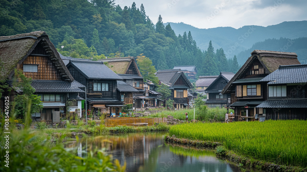 Traditional houses in a serene rural village surrounded by lush mountains and rice fields Traditional houses in a serene rural village surrounded by lush mountains and rice fields
