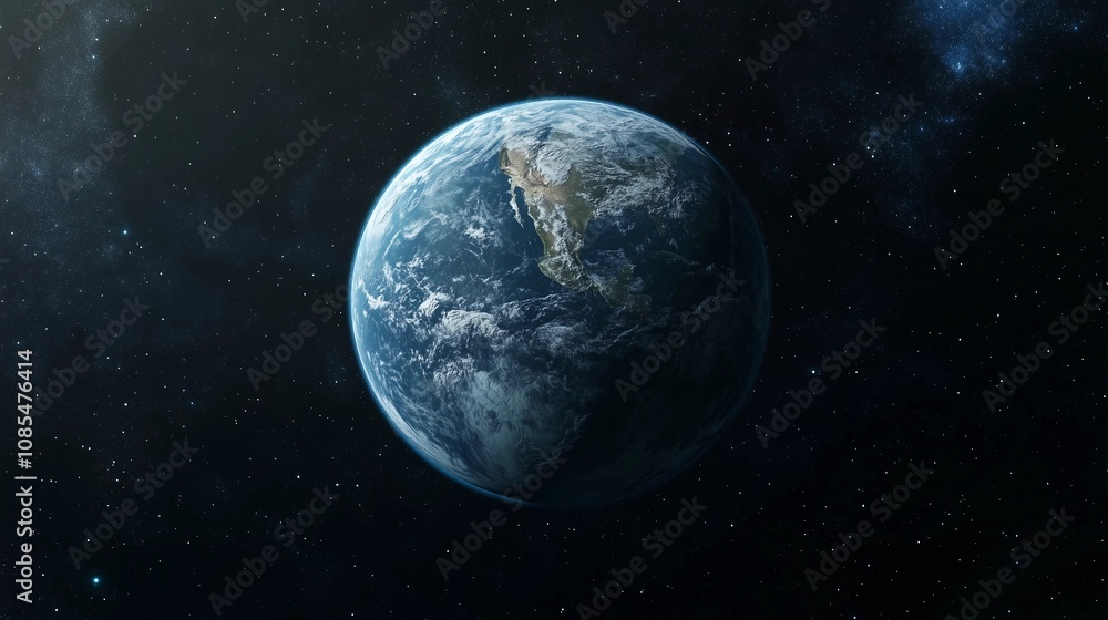 A cinematic shot of the Earth from space, centered in the frame with its round shape and blue color. The background is the dark black of space