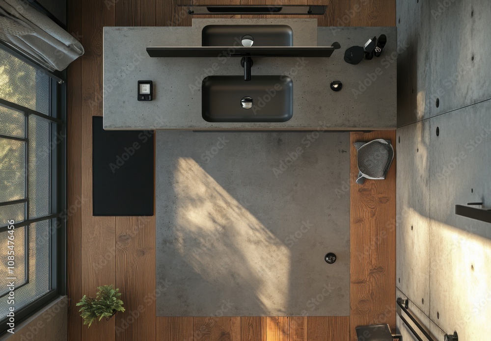 sink with gray concrete, next to it is an open black mirror on the wall