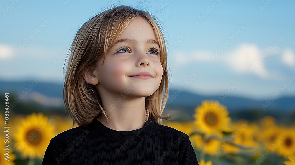 A child playing in a field of sunflowers, looking up at the sky with joy and innocence, representing the simple yet unique happiness of youth; vibrant colors under clear blue skies; Ultra-Realistic, A child playing in a field of sunflowers, looking up at the sky with joy and innocence, representing the simple yet unique happiness of youth; vibrant colors under clear blue skies; Ultra-Realistic,