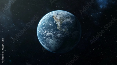 Obraz na płótnie A cinematic shot of the Earth from space, centered in the frame with its round shape and blue color. The background is the dark black of space w salonie