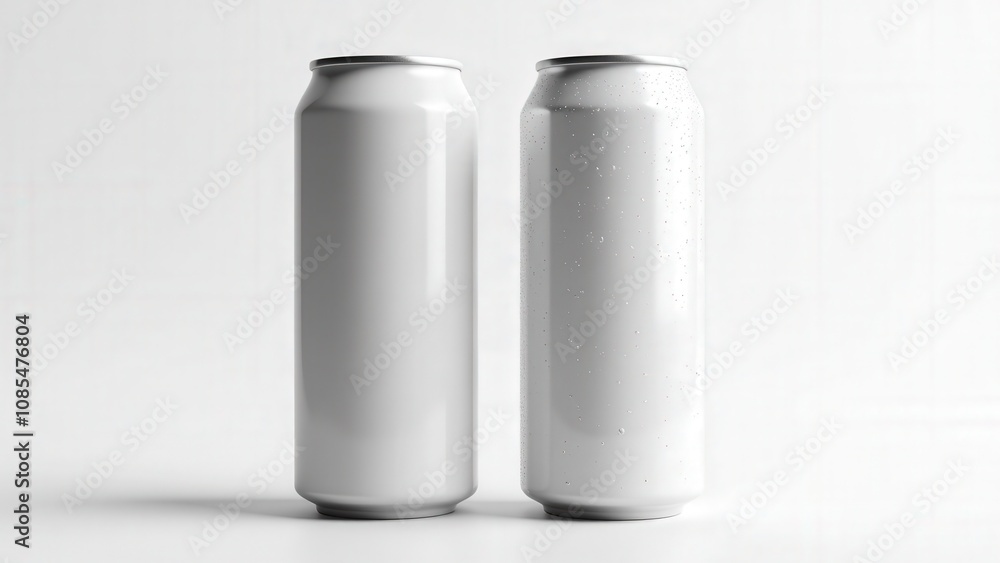 3D soda can mockup with two aluminum cans, one with a smooth matte finish and the other with realistic condensation, isolated on white. 3D soda can mockup with two aluminum cans, one with a smooth matte finish and the other with realistic condensation, isolated on white.