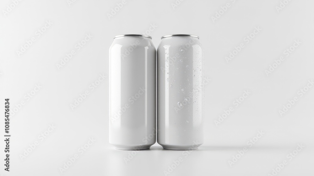 Realistic aluminum soda can mockup with two cans, one matte and one with condensation droplets, on a clean white background. Realistic aluminum soda can mockup with two cans, one matte and one with condensation droplets, on a clean white background.