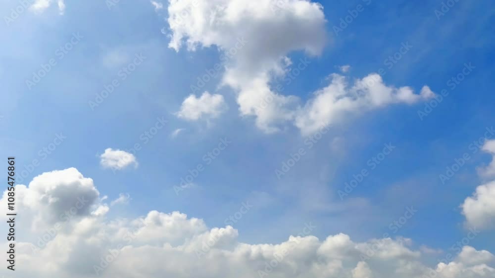 Bright white clouds flying across the clear blue sky. Clear sky during the day. Background view of clouds moving in the wind. Copy space Bright white clouds flying across the clear blue sky. Clear sky during the day. Background view of clouds moving in the wind. Copy space