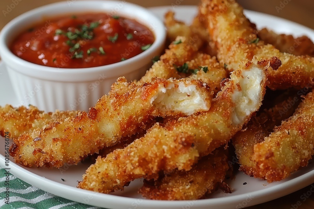 Close-Up of Crispy Fried Mozzarella Sticks with Marinara Sauce, Perfect for Comfort Food and Appetizer Concepts Close-Up of Crispy Fried Mozzarella Sticks with Marinara Sauce, Perfect for Comfort Food and Appetizer Concepts