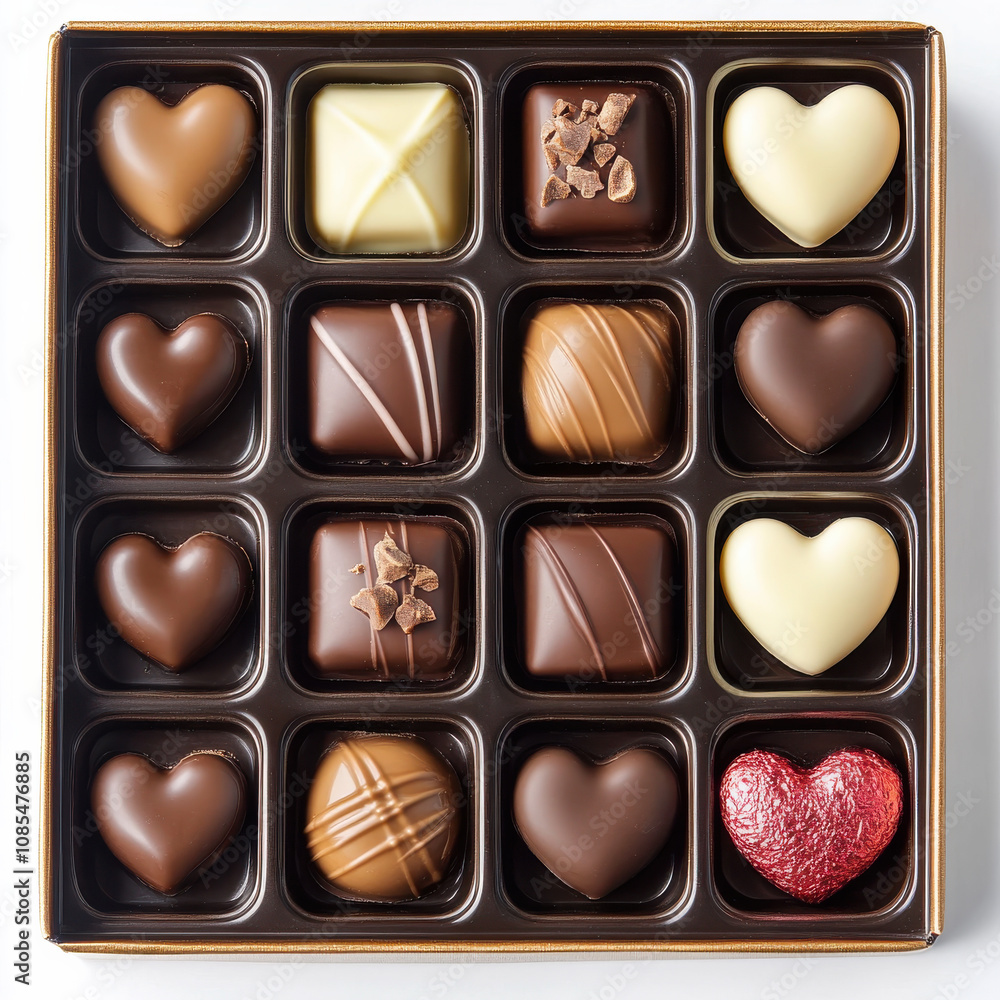 Delicious box of assorted chocolates with heart shapes and variety Delicious box of assorted chocolates with heart shapes and variety