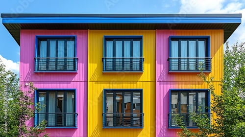 Colorful modern apartment building with pink, yellow and blue facade.