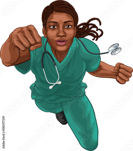 A super hero black woman doctor or nurse medical healthcare health professional in scrubs flying through the sky in a classic superhero pose