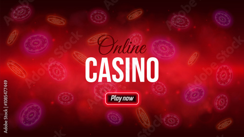 Online casino banner with button play now. A glowing neon casino with flying chips on a dark foggy background. Gambling concept for website, promo, mobile app. Vector illustration